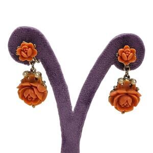Vintage Japan Carved Faux Coral Rose Drop Dangle Screw Back Floral Earrings